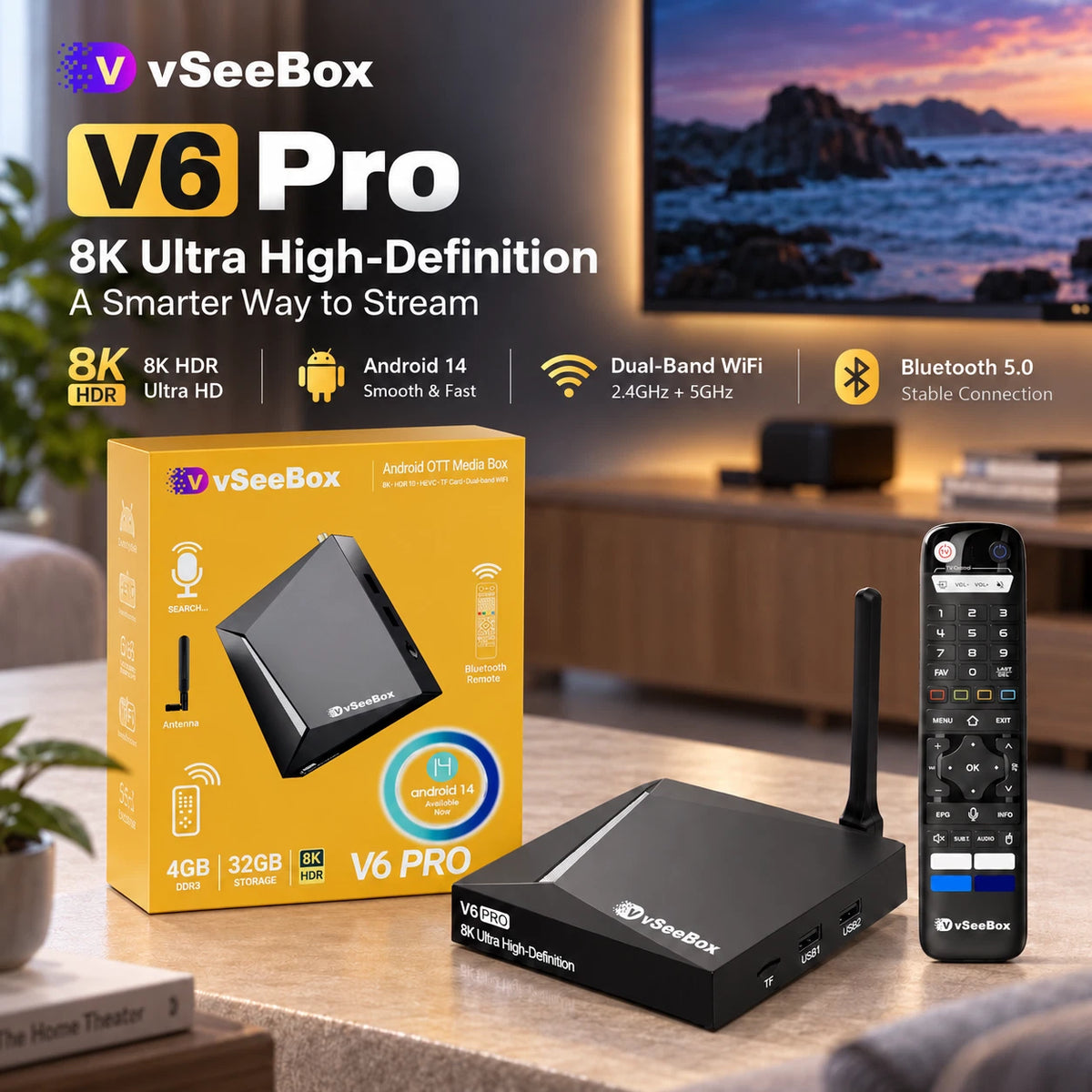 vSeeBox V6 Pro – 2026’s Premium Android TV Box | 8K HDR Streaming Media Player