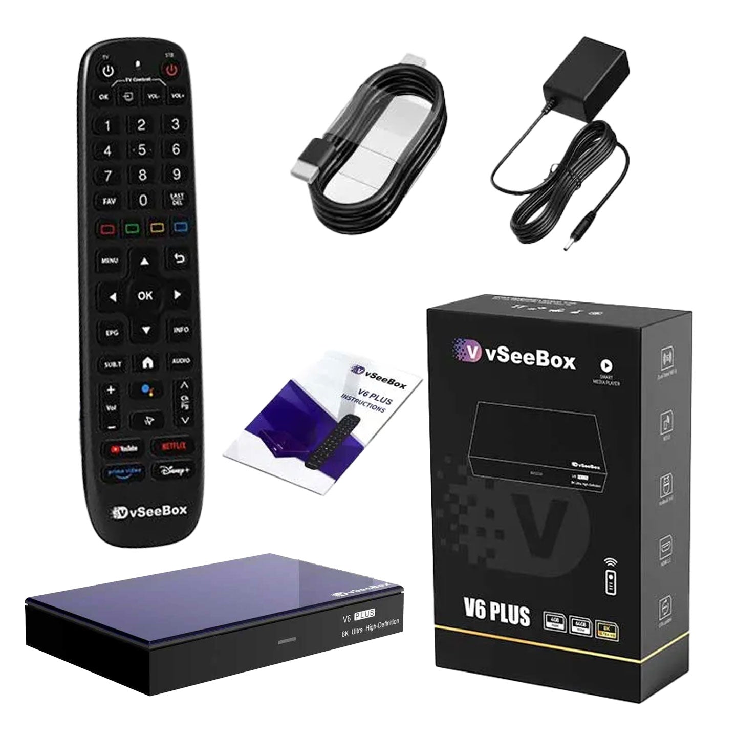 Vseebox V6 Plus Version Voice Control, 8K HDMI&Ethernet Cable, Android 14, 4GB RAM, 64GB Storage